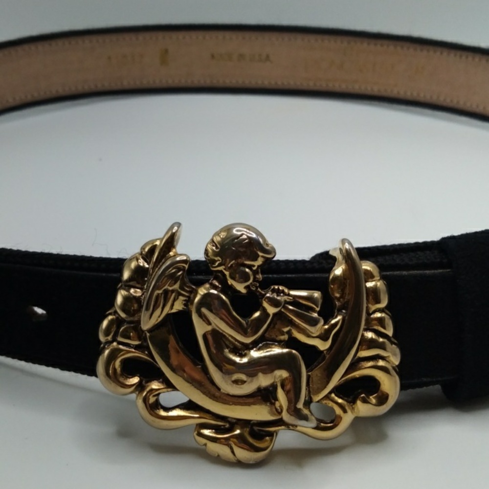 Vintage Angel Buckle & Black Suede Belt Made in USA